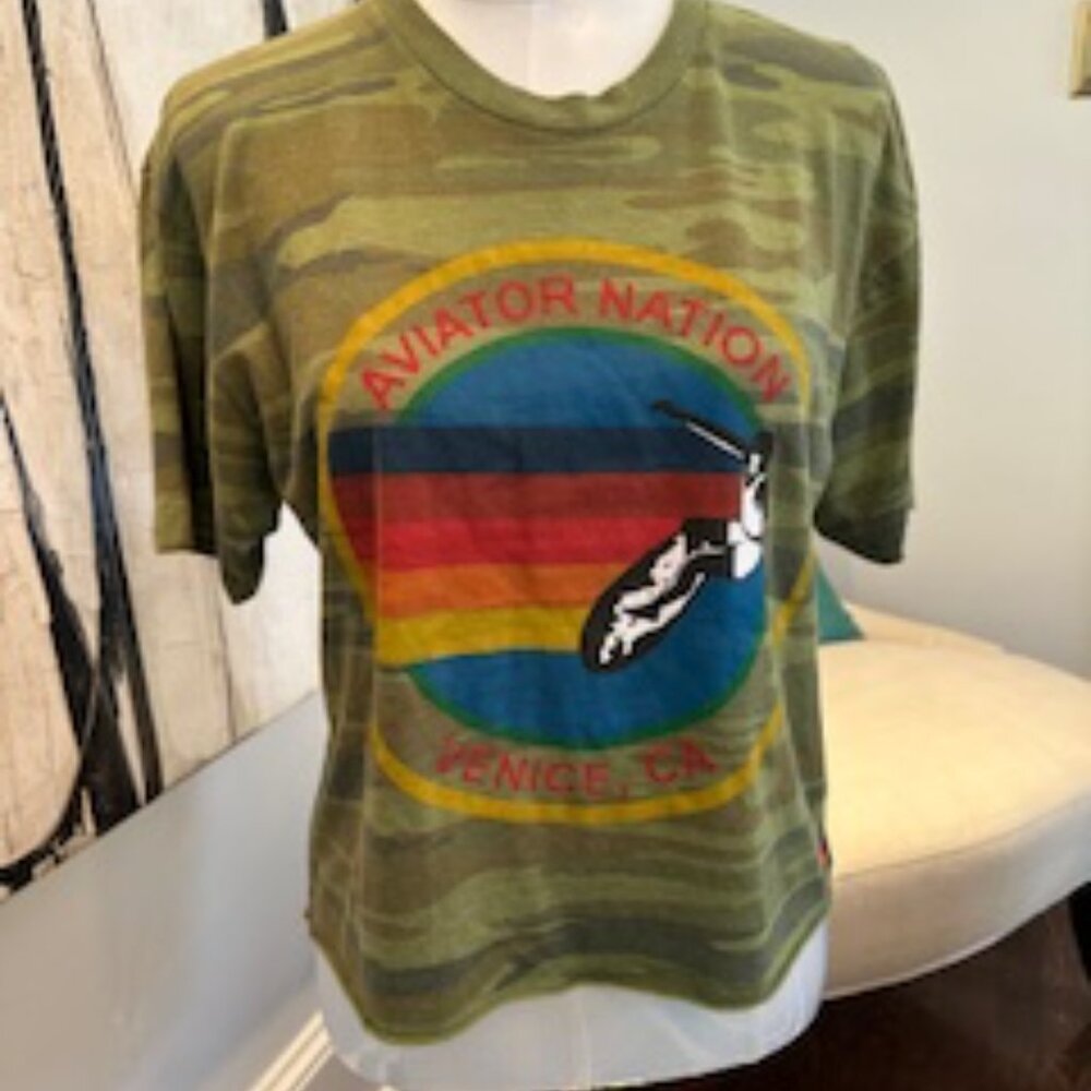 Aviator Nation Signature Tee – Camo “Venice, CA” Rainbow Logo. Medium